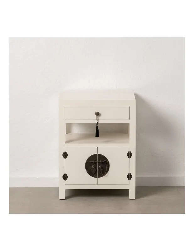 Mesita de noche Oriental TAY, 50 x 66cm, 2 puertas y 1 cajones blanco.