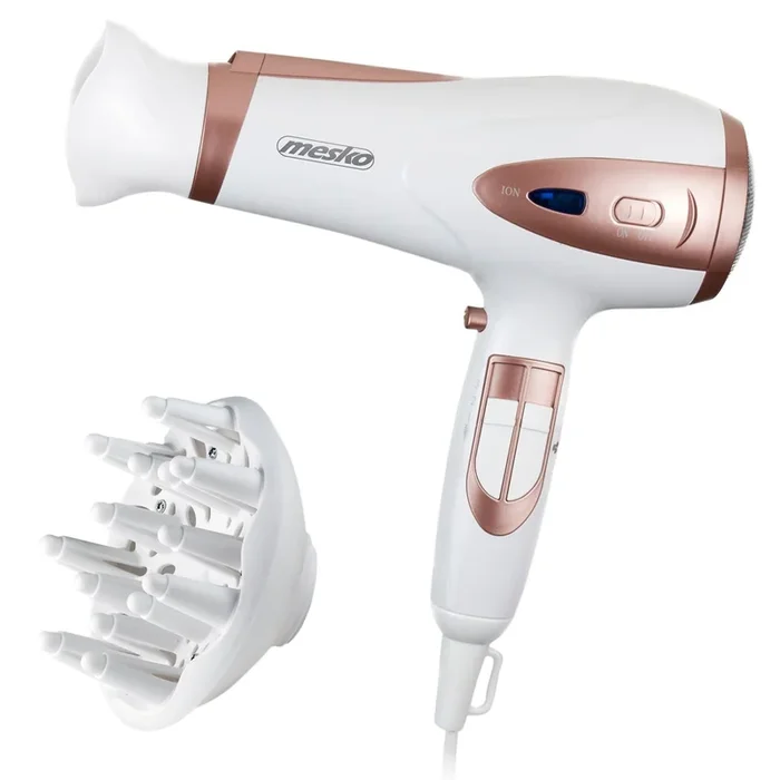 Mesko MS2274 Secador de Pelo Profesional Iónico 3 Niveles Temperatura, 2 Velocidades, Cool Shot, Difusor, 2400, Blanco