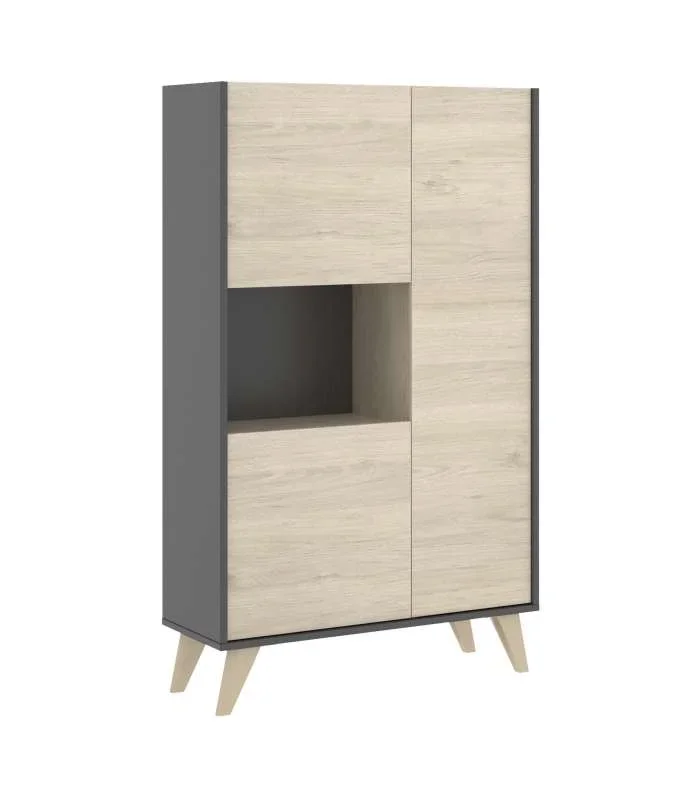 Modulo alto 3 puertas para salón o cocina Dina en Natural-Grafito, 135cm(alto) 81cm(ancho) 43cm(largo)