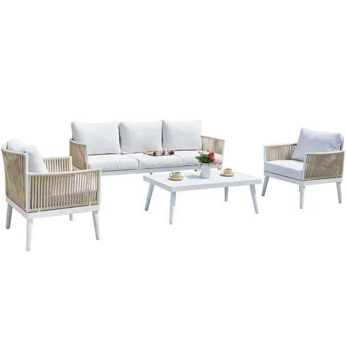 MOMMA HOME SET DE JARDIN 4 PIEZAS MODELO CALPE ALUMINIO BLANCO, COJINES Y CUERDAS
