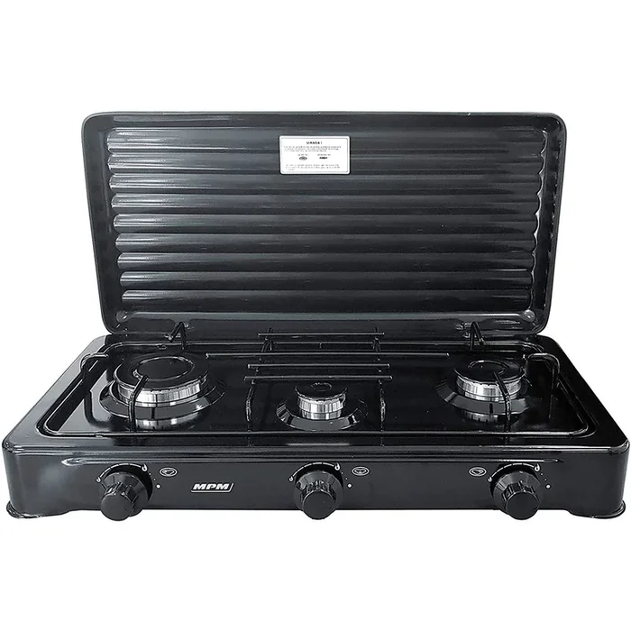 MPM KN-03/1KB Cocina Gas Portátil Camping, 3 Quemadores, Rejilla Esmaltada, Tapa Protectora, Normativa G30-37 mbar, , Negro