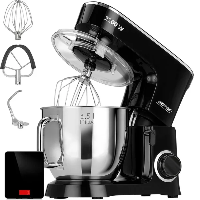 MPM MRK-19B Batidora Amasadora Repostería Profesional, Robot Cocina Orbital, 6,5L, 6 Velocidades Acero Inox, 2200, Acero Inoxidable / Negro