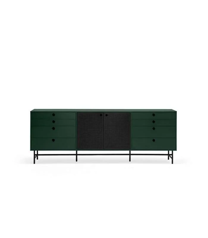 Mueble aparador para comedor modelo Punto 2 puertas 8 cajones acabado verde/negro, 47cm(ancho) 77cm(alto) 212cm (largo)