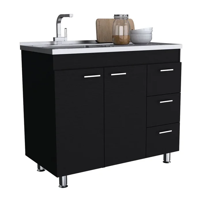 Mueble bajo Ferreti en melamina con 3 cajones , 2 puertas y encimera de acero inoxidable , negro , 90 cm X 100 cm X 52.5 cm
