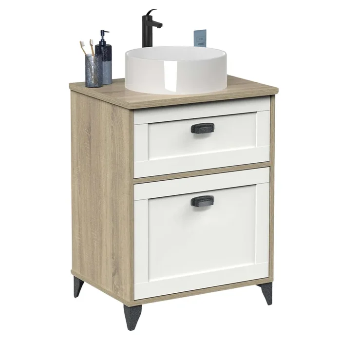 Mueble de Baño 60 cm Toscana con 2 Cajones Estilo Nórdico Color Blanco y Roble Cambrian (Con Lavabo)