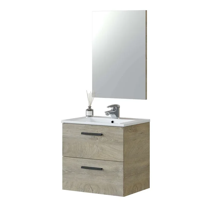 Mueble de Baño Aruba Estilo Natural en Color Roble Alaska con 2 Cajones + Espejo 57x60x45 cm (Lavabo Opcional)