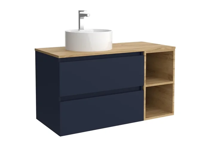 Mueble de Baño Bequia 90cm + coqueta 2 huecos lado reversible + Encimera + lavabo posar Azul mate / Roble 90x45x54