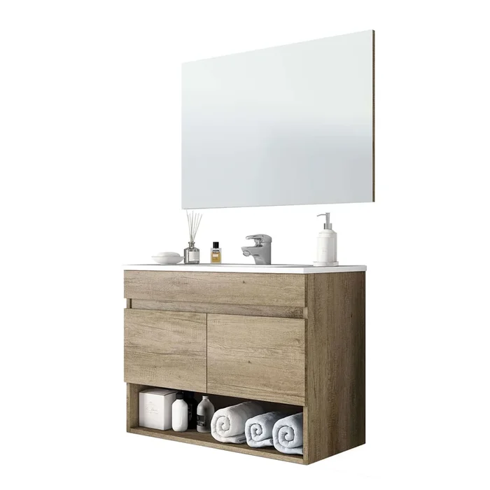 Mueble de Baño Estilo Natural en Color Roble Nordik con 1 Hueco de Almacenamiento y 2 Puertas 80x64x45 cm (Lavabo Opcional)
