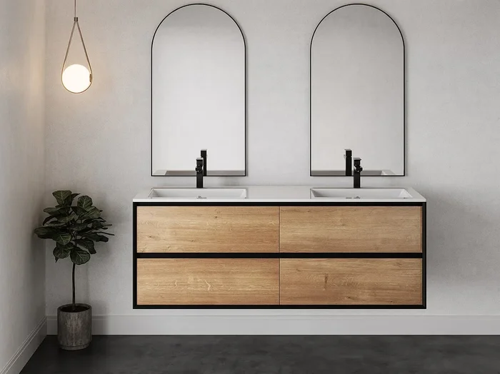 Mueble de baño flotante con lavabo – Color natural claro y negro – 150 cm – LANNICK