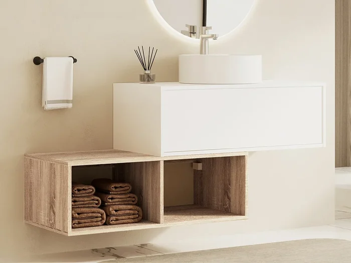 Mueble de baño flotante con lavabo redondo – 1 cajón blanco y 2 estantes claros naturales – 94 cm – TEANA II