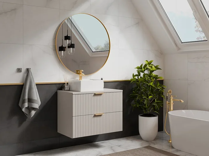 Mueble de baño suspendido con lavabo cuadrado sobre encimera – Beige – 80 cm – ZEVARA