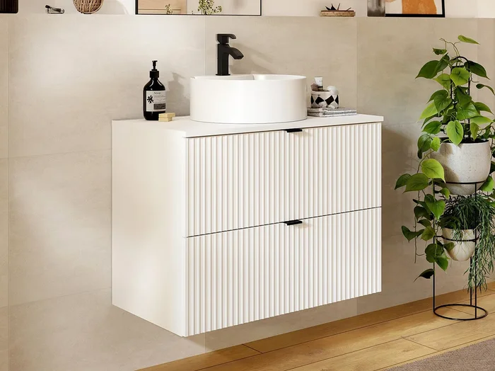 Mueble de baño suspendido con lavabo redondo para colocar – Blanco mate – 80 cm – ZEVINI