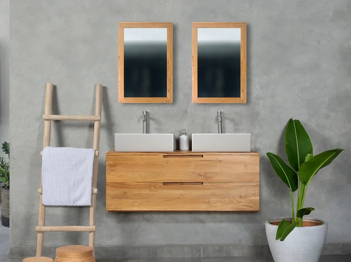 Mueble de baño suspendido de teca clara con doble lavabo – 2 cajones – 115 cm – BIMBING
