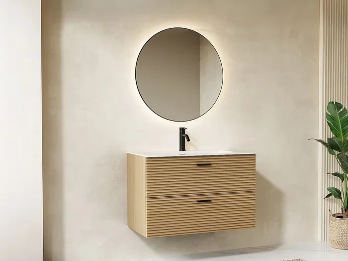Mueble de baño suspendido estriado con lavabo empotrado – 2 cajones – Natural claro – 80 cm – SARONE