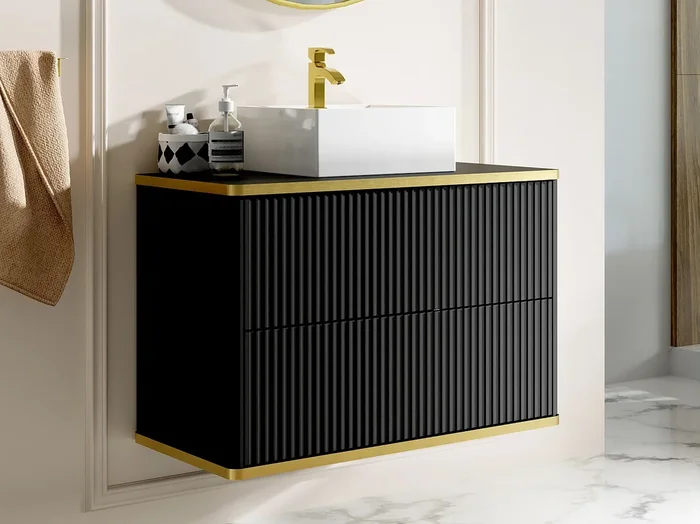 Mueble de baño suspendido estriado con ribete dorado y lavabo sobre encimera – Negro – 80 cm – KELIZA