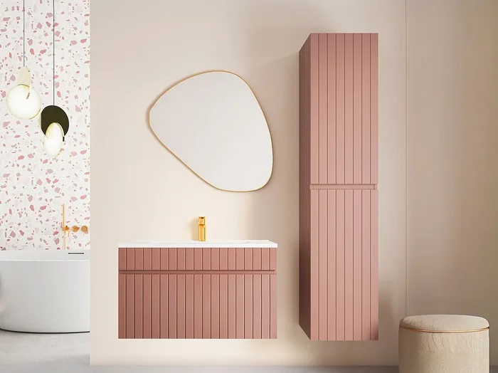 Mueble de baño suspendido estriado rosa con lavabo encastrado y columna – 80 cm – SATARA