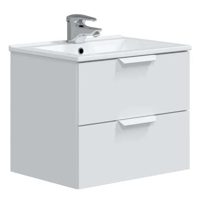 Mueble de Baño Suspendido Pequeño Estilo Contemporáneo Color Blanco Brillo 60 cm (Con Lavabo Cerámico)
