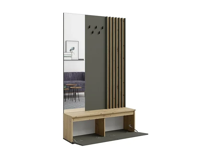 Mueble de entrada con perchero y espejo 120 cm – roble claro y gris antracita – Colección NEMO