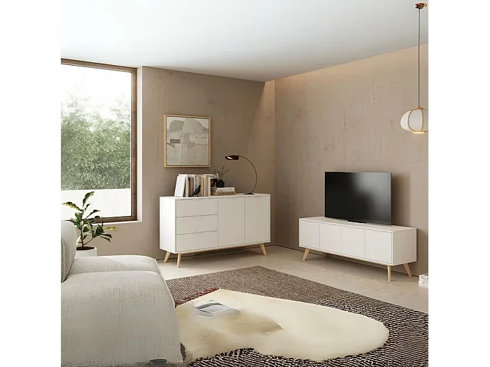 Mueble de TV 4 Puertas Blanco y Pino Macizo L140 cm – Campus