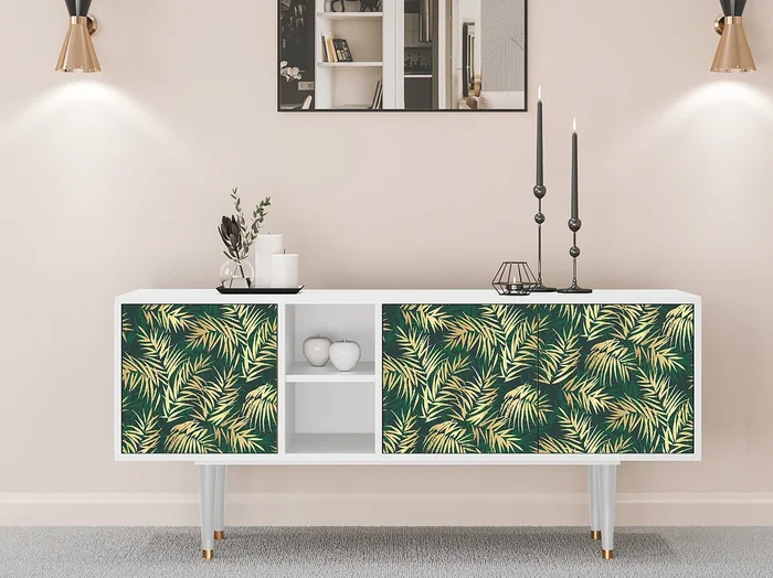 Mueble de TV – 150х69х41 cm – T5 – Sunny Palm Tree, Blanco