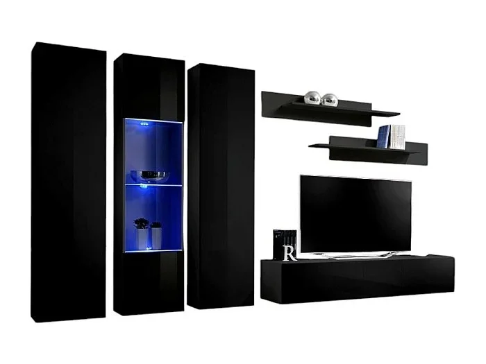 Mueble de TV FLY C5 de diseño, color negro brillante. Mueble colgante moderno y a la moda para tu sala de estar.