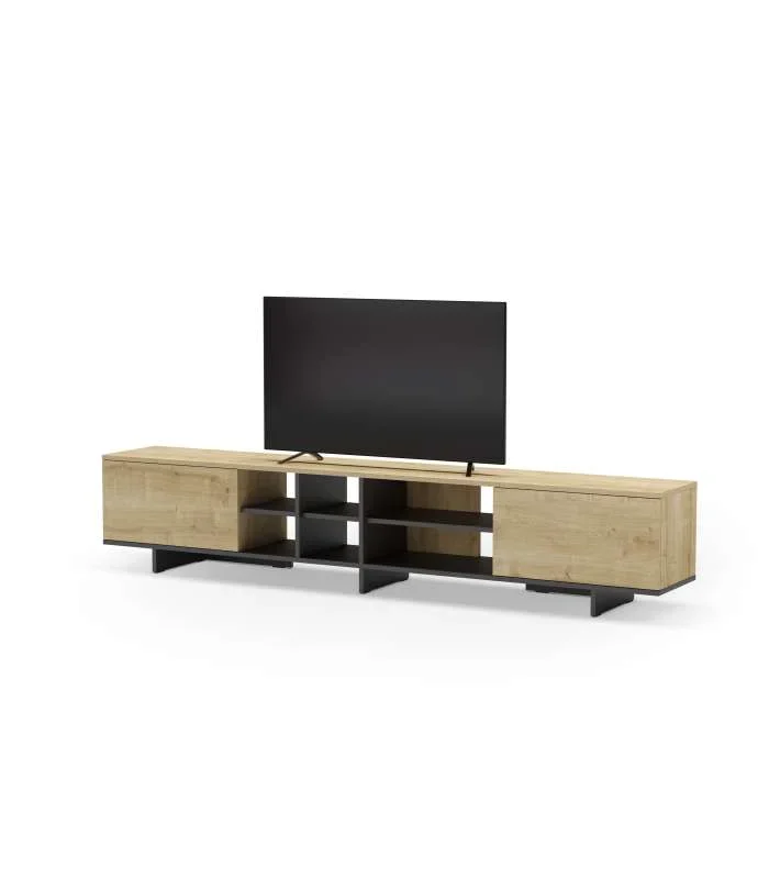 Mueble para televisión 2 puertas y 6 huecos Celia acabado roble/negro, 44cm(alto) 230cm(ancho) 35.6cm(largo).