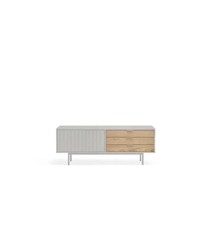 Mueble para televisión modelo Sierra 1 puerta 3 cajones acabado gris claro/roble, 140cm(ancho) 52cm(alto) 40cm (largo)
