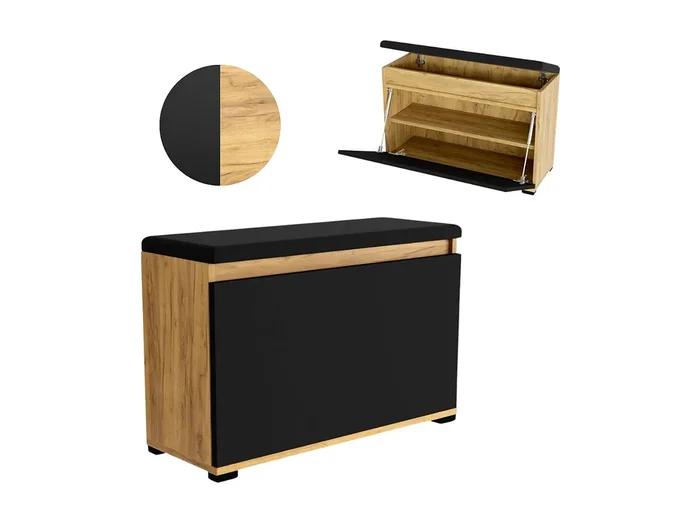 Mueble para zapatos 40 cm con almacenamiento, asiento tapizado, estante – Roble Negro