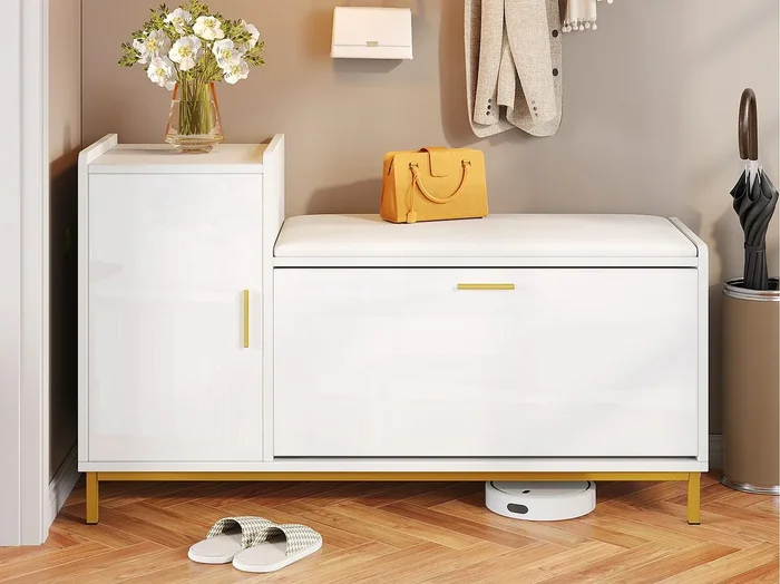 Mueble para zapatos brillante 100x38x68 cm – con 2 puertas – con cambiador – Patas de metal – Blanco + dorado