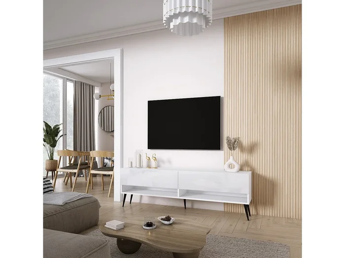 Mueble TV 170 cm Blanco Mate / Blanco Brillo, patas negras, 170 × 32 × 52 cm