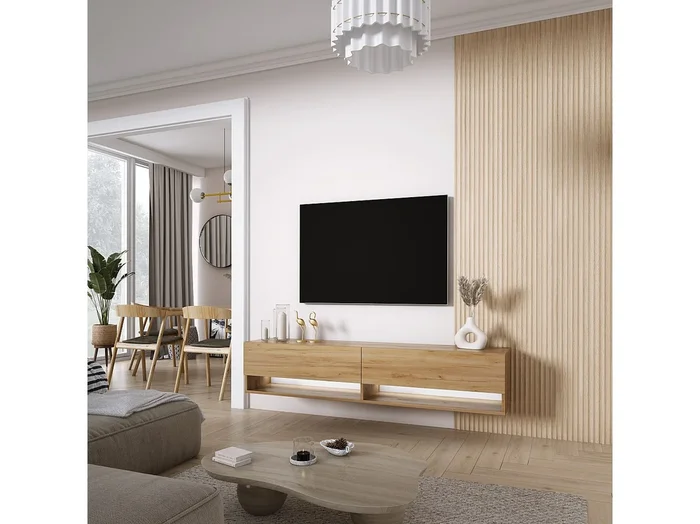 Mueble TV 170 cm Roble Craft, LED blanco, 170 × 32 × 34 cm