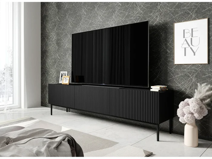 Mueble TV 2 puertas abatibles 1 cajón negro con pie negro 200×45 cm
