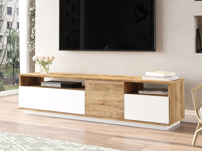 Mueble TV 4 puertas y 2 estantes – Natural claro y blanco – CEDONA