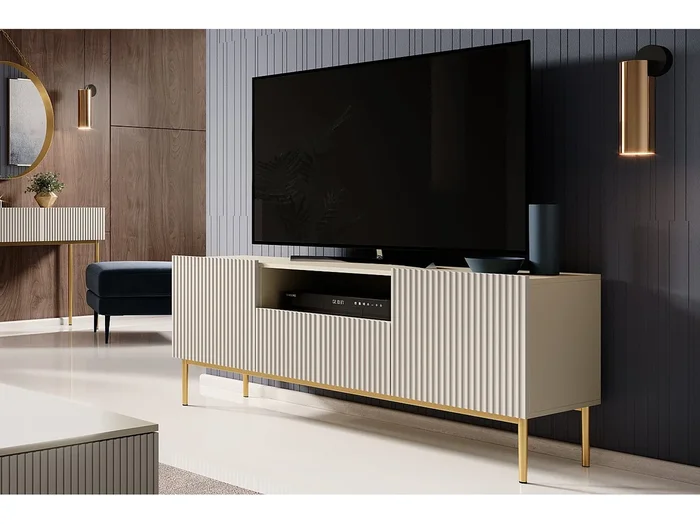 Mueble TV cashmere con 2 puertas y 1 cajón con pie de metal dorado 150×45 cm