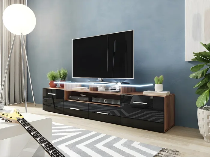 Mueble TV Charlotte 117, Ciruela Negro brillante, Número de puertas 2.00, 194x38x39cm