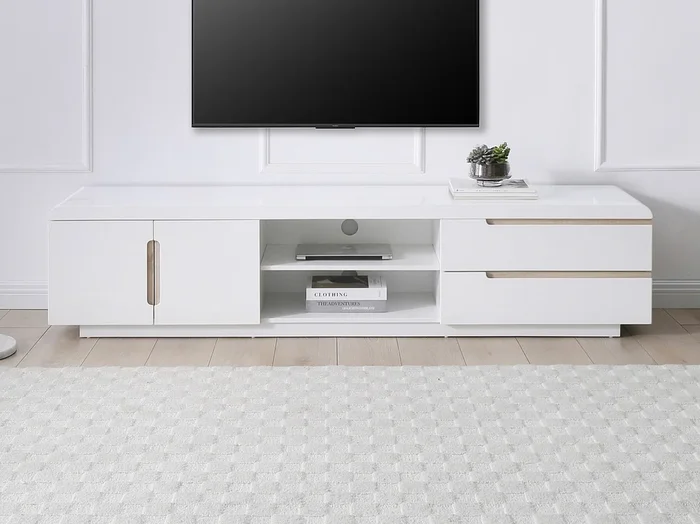 Mueble TV con 2 puertas, 2 cajones y 2 compartimentos – Blanco y natural – NURINI