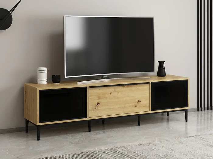 Mueble TV con 3 puertas de vidrio templado negro – Natural – MOLINIA