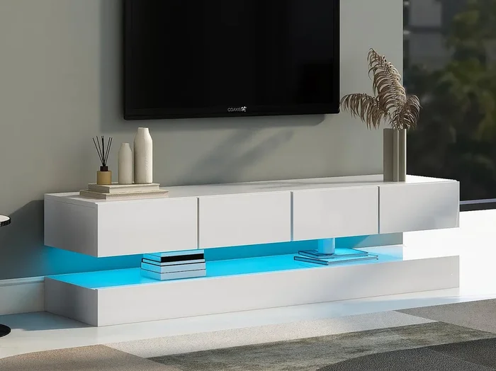 Mueble TV suspendido 130cm – con LED – 4 cajones – Blanco