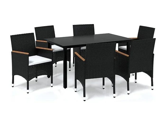 Muebles de comedor y cojines de jardín 7 piezas resina tejida negra 02_0014914