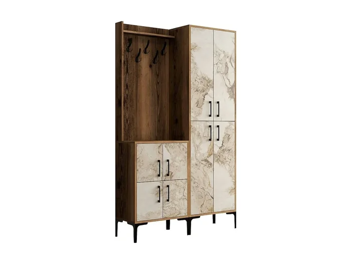 Muebles de entrada Dgottard, Entrada para perchas, Composición para atrio, Consola de almacenamiento multifunción, 120x35h200 cm, Nogal y Mármol Blanco