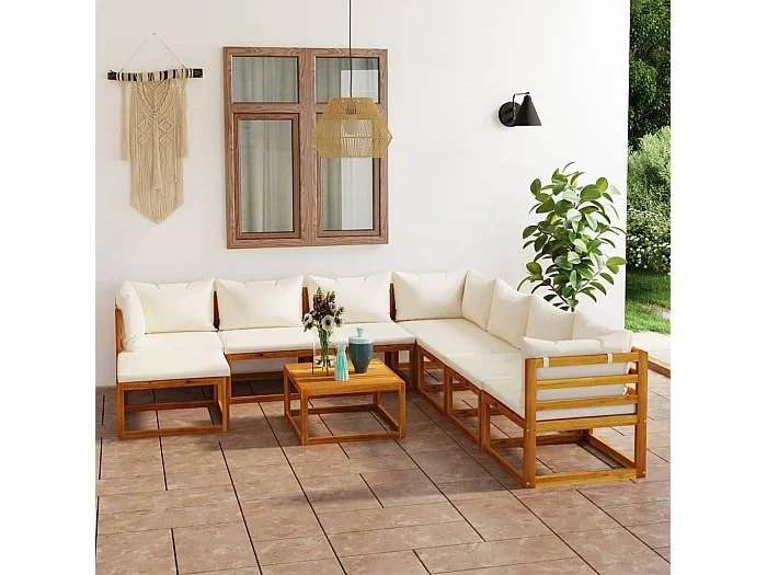 Muebles de jardín 9 piezas cojines crema madera maciza de acacia