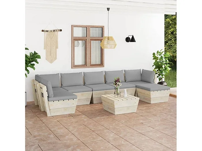 Muebles de jardín de palets 8 piezas y cojines madera de abeto