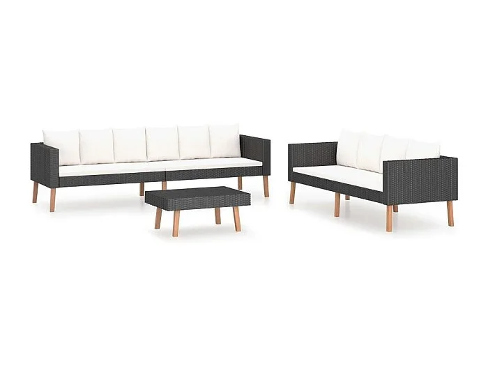 Muebles de jardín muebles de exterior Juego de muebles de 3 piezas con cojines de resina tejida en negro 02_0016011