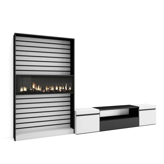Muebles de Salón para TV, Conjunto de muebles comedor, 210x186x35cm, Para TV hasta 80″, Chimenea eléctrica, Estilo Moderno, Blanco y negro