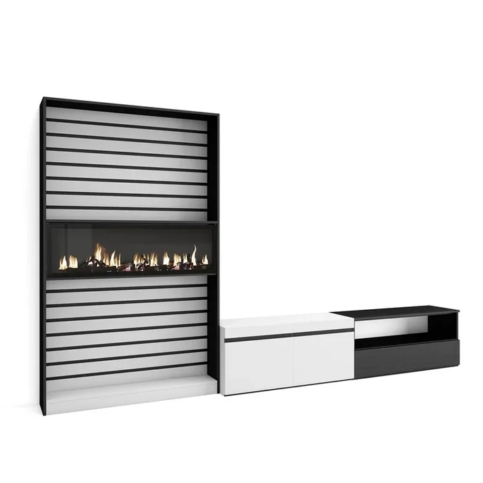 Muebles de Salón para TV, Conjunto de muebles comedor, 210x186x35cm, Para TV hasta 80″, Chimenea eléctrica, Estilo Moderno, Blanco y negro