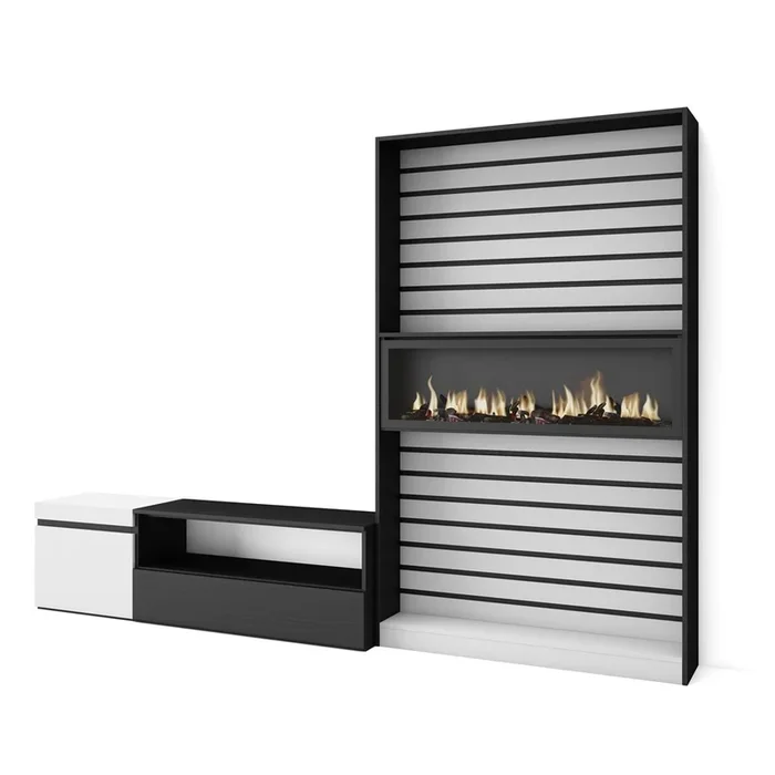 Muebles de Salón para TV, Conjunto de muebles comedor, 260x186x35cm, Para TV hasta 65″, Chimenea eléctrica, Estilo Moderno, Blanco y negro