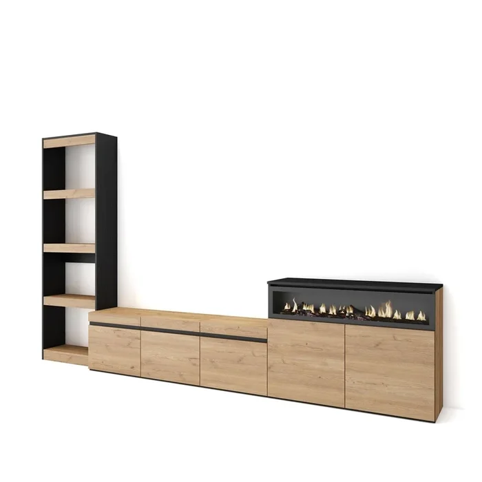Muebles de Salón para TV, Conjunto de muebles comedor, 310x186x35cm, Para TV hasta 65″, Chimenea eléctrica, Estilo Moderno, Roble y negro