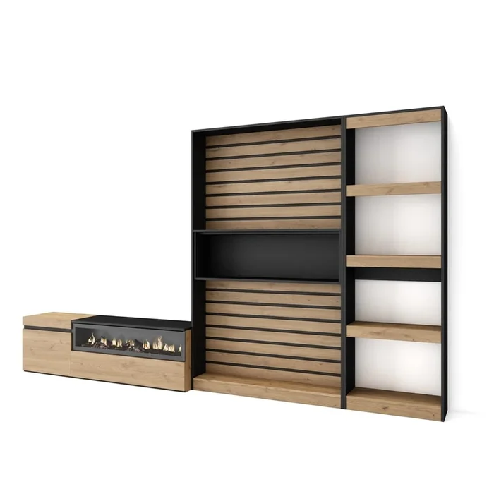 Muebles de Salón para TV, Conjunto de muebles comedor, 320x186x35cm, Chimenea eléctrica, Estilo Moderno, Roble y negro
