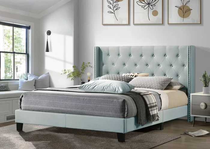 Oak Light Blue Platform Twin Bed