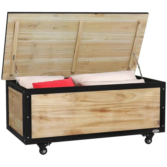 Outsunny Baúl de Exterior 121L Arcón Almacenaje de Madera con 4 Ruedas para Jardín Patio Balcón 100x50x43 cm Natural y Negro
